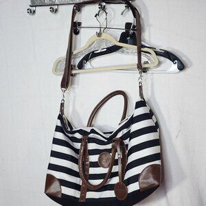 Von Maur Est. 1872 Black White Striped Brown Faux Leather Accent Weekender Tote